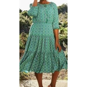 Matilda Jane Age of Aquarius green floral smocked midi dress Boho Peasant SZ M